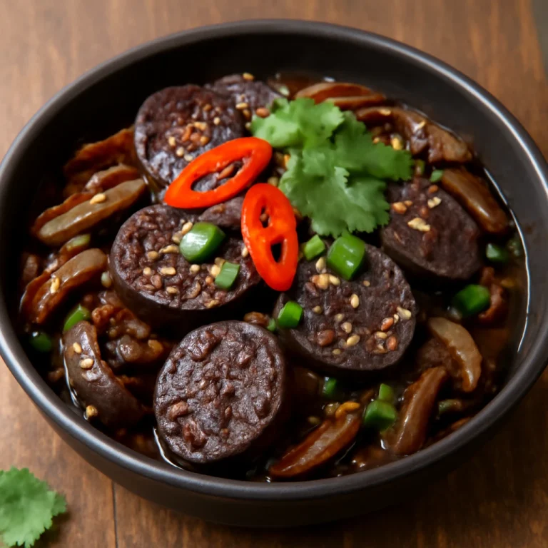 Sundae Jeongol Bokkeum, koreai véres kolbászos étel gombával, chilis piros és korianderrel díszítve