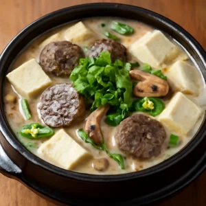Koreai sundae jeongol guk tofuval, gombával és friss korianderrel