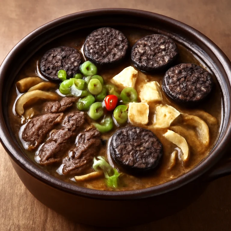 Sundae Jeongol Jeongol Guk, koreai leves tofussal, gombával és friss zöldhagymával tálalva