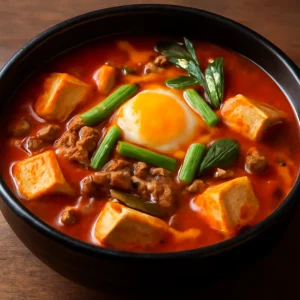 Fűszeres koreai tofu leves marhahússal és zöldségekkel