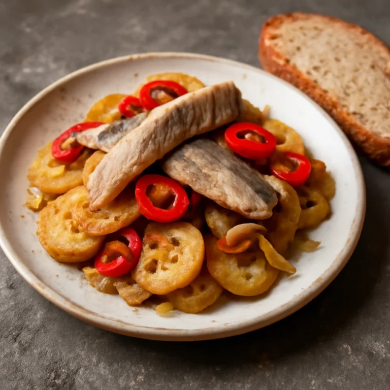 Surströmming csípős paprikával tálalva, fűszeres krumplival