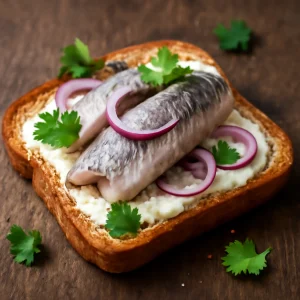 Svéd surströmming, pirított kenyéren, friss korianderrel tálalva