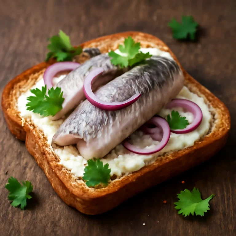 Surströmming krémsajttal, pirított kenyéren, friss korianderrel