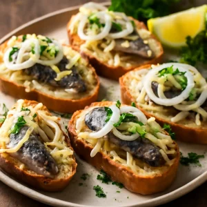 Ropogós kenyéren tálalt surströmming sajttal és hagymával