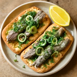 Svéd surströmming vajas laposkenyéren, póréhagymával és friss petrezselyemmel