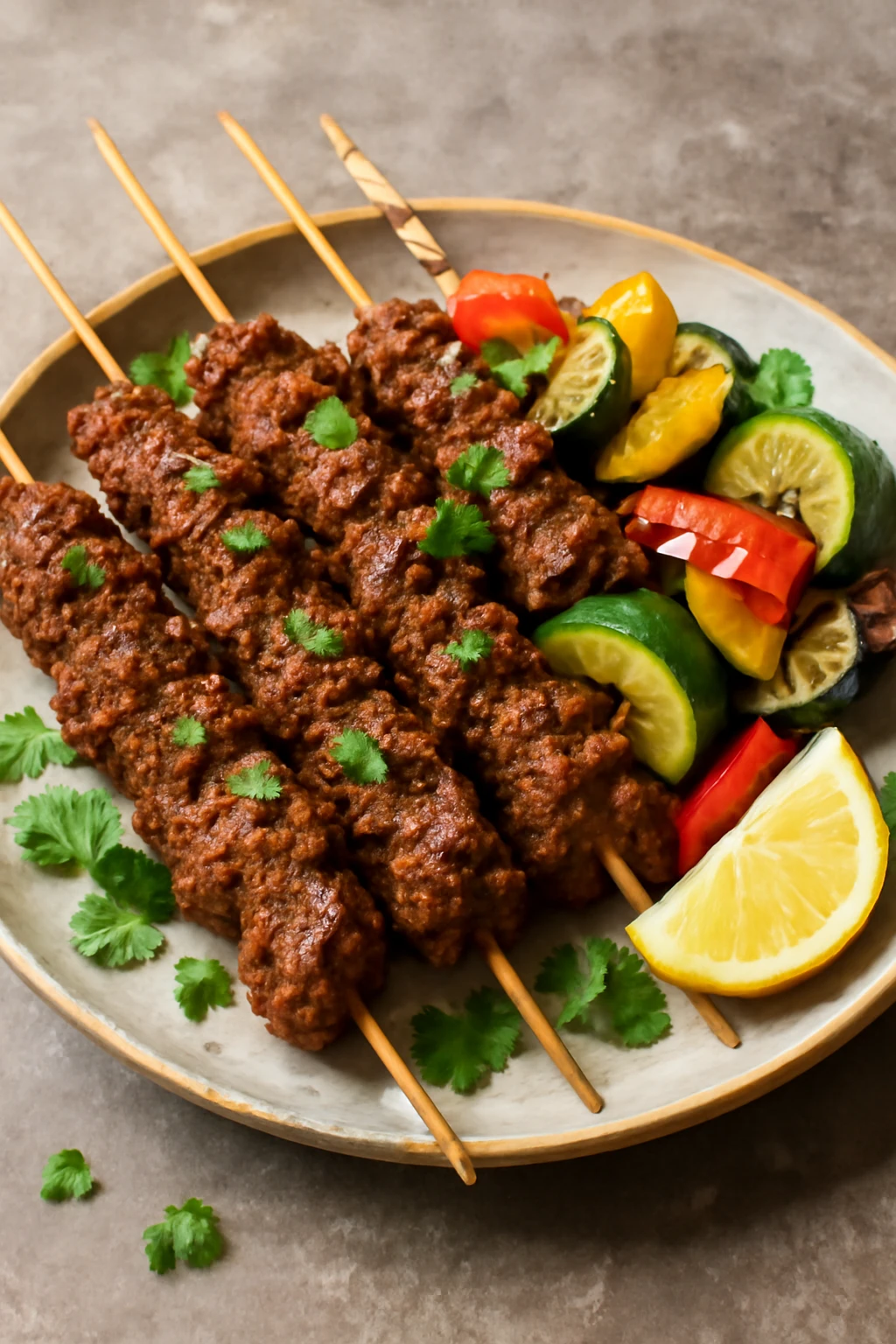 Fűszeres suya, grillezett zöldségekkel és friss korianderrel