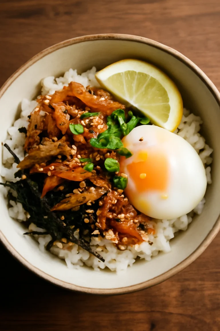Szárított Halas Sundae, japán étel friss tojással, szárított halakkal, és szezámmaggal