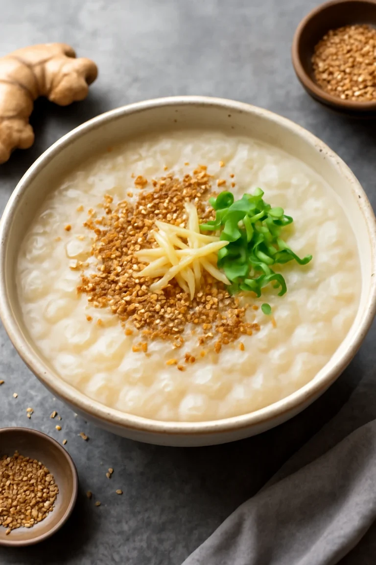 Szezámmagos Congee, krémes rizs tálalva pirított szezámmaggal és friss gyömbérrel