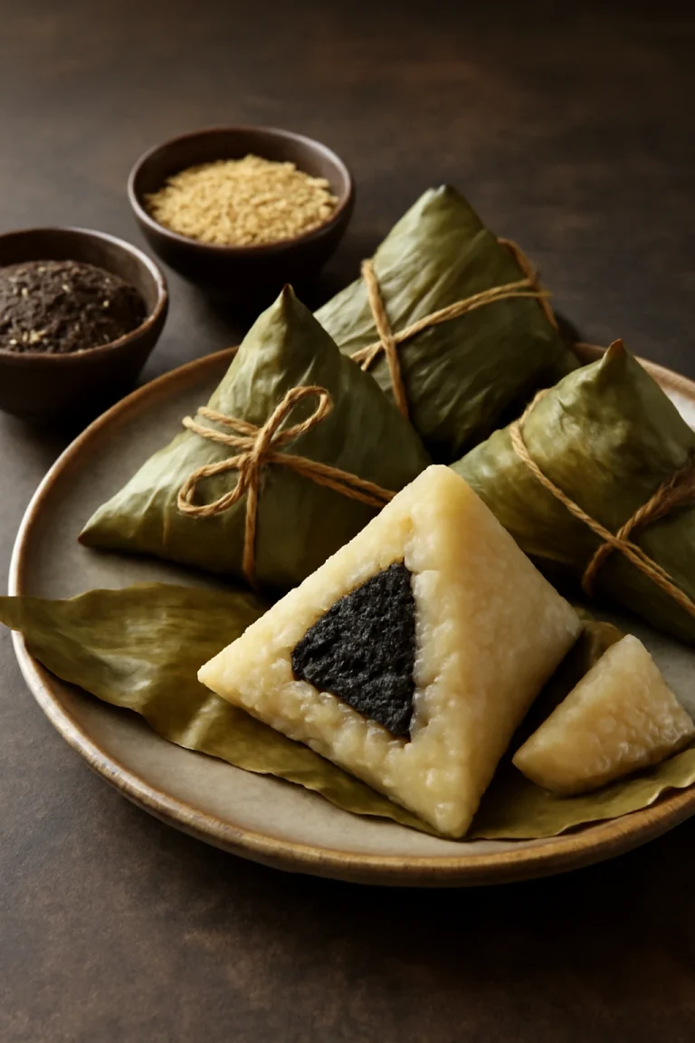 Szezámmagos Zongzi, kínai étel ragadós rizsből és szezámmag pasztából