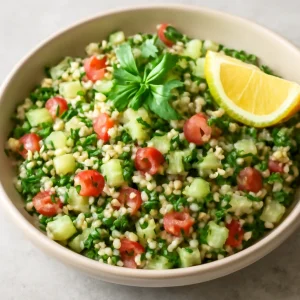 Friss, fűszeres tabbouleh saláta uborkával és zöldfűszerekkel