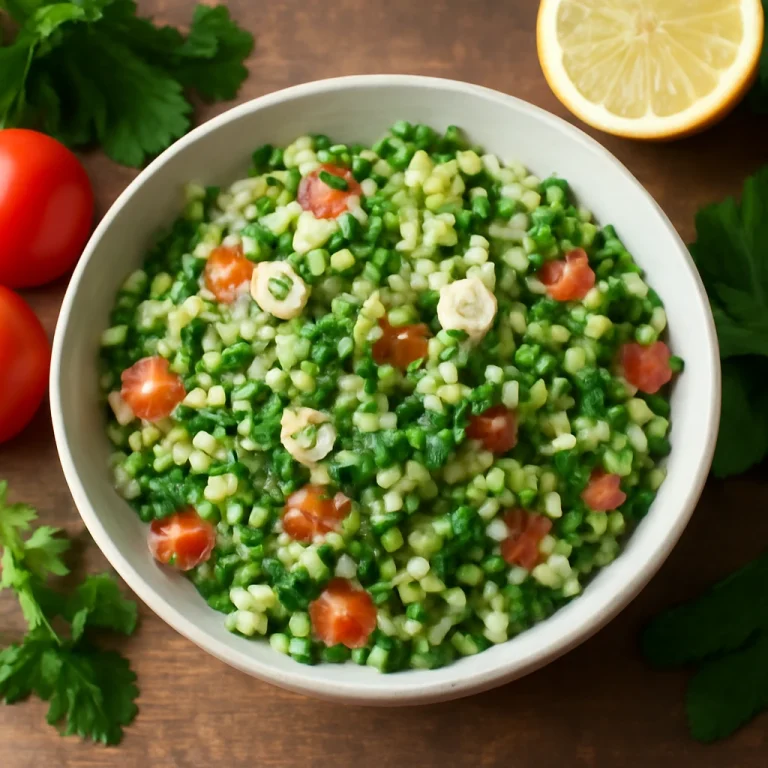 Tabbouleh saláta hagymával, menta és petrezselyem keverékével