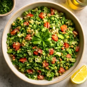 Friss tabbouleh, zöldfűszerekkel és olívaolajjal