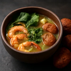 Tradicionális brazil tacacá, garnélával és friss fűszerekkel