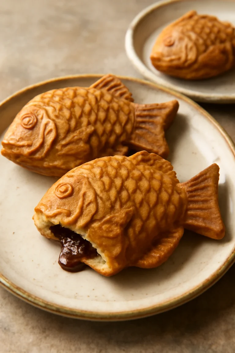 Taiyaki csokoládéval, ropogós, aranybarna tészta, csokis töltelékkel, tálalva