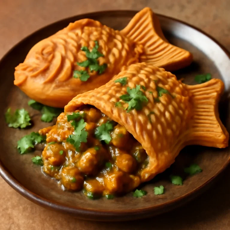 Taiyaki curryval tálalva, friss korianderrel díszítve