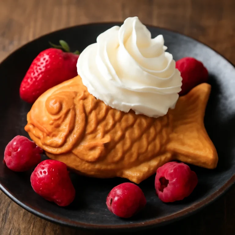Taiyaki tejszínhabbal, friss gyümölcsökkel tálalva