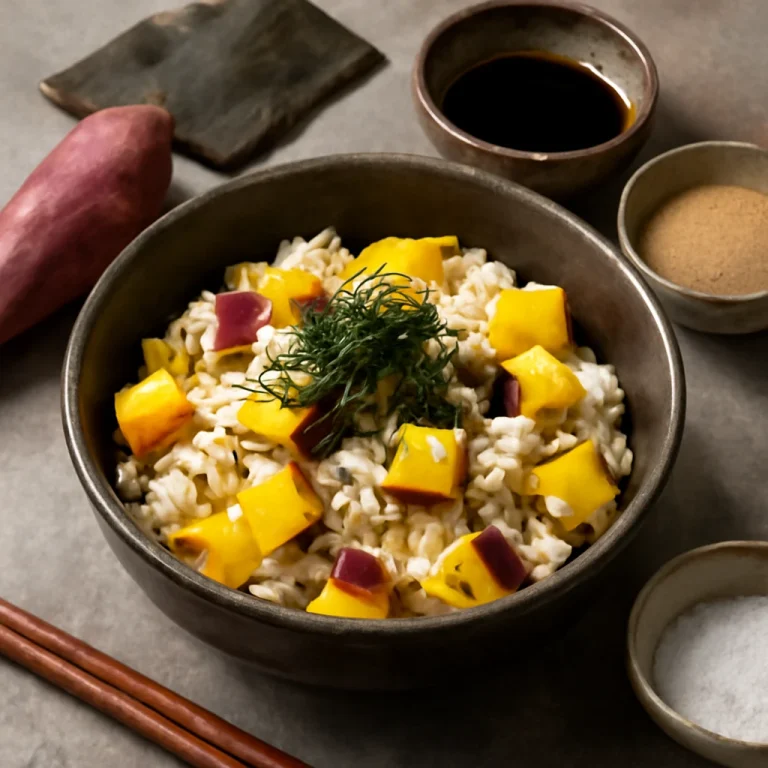 Takikomi gohan édesburgonyával, friss algával díszítve