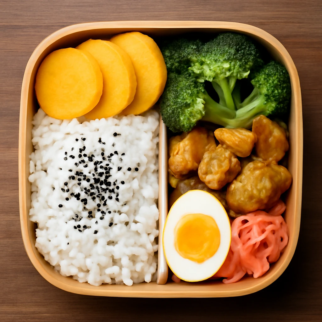 Bento doboz, gazdag japán étel takuannal, tojással és sült csirkével