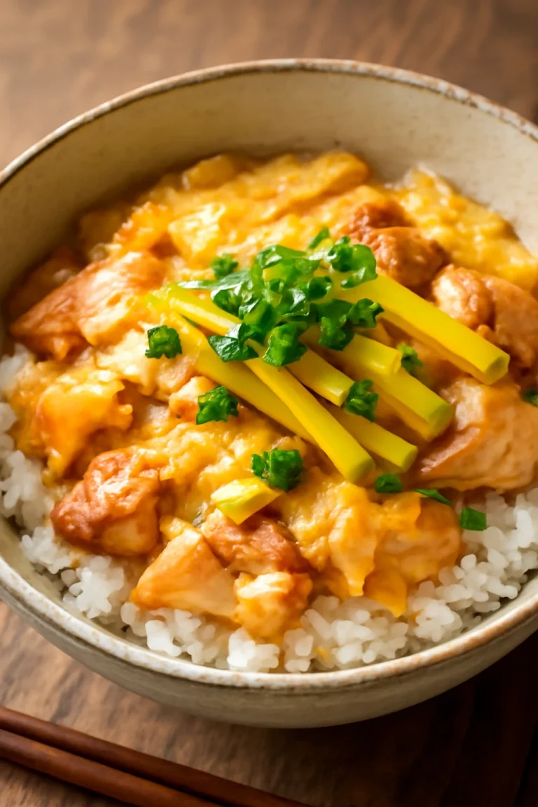 Oyakodon tálalva, csirkecomb, tojás és takuan retek díszítésével
