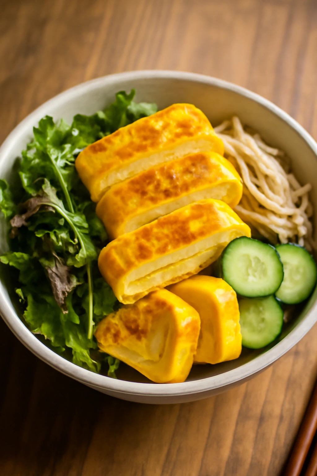 Friss Tamagoyaki salÃ¡ta, japÃ¡n omlettel Ã©s egÃ©szsÃ©ges hozzÃ¡valÃ³kkal