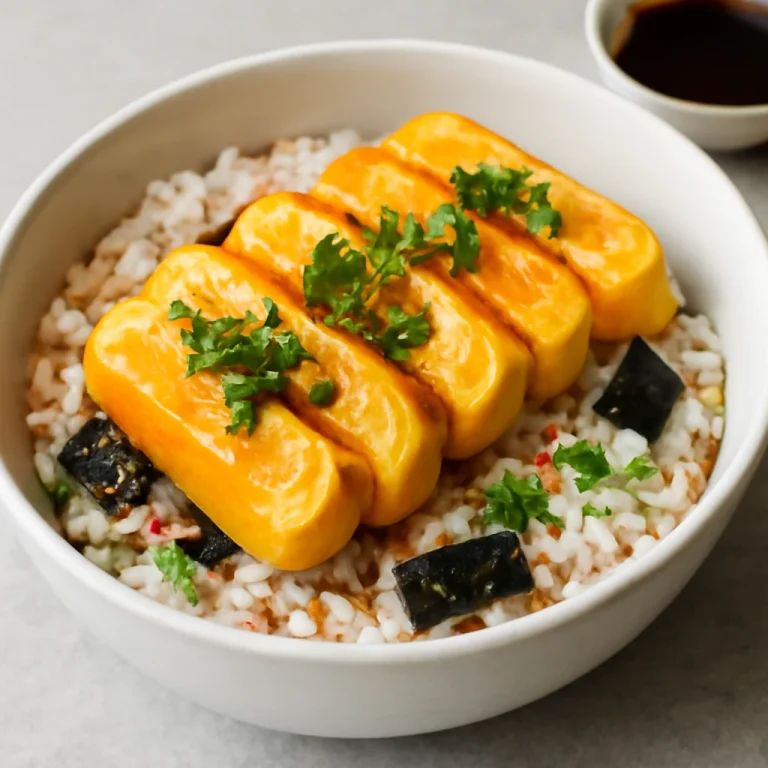 Tamagoyaki rizs, friss tojással, rizses tálalással, szezámmaggal díszítve