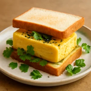 Japán tamagoyaki szendvics, tojással és korianderrel