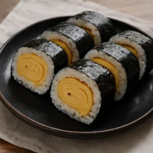 Tamagoyaki tekercs friss rizs és nori algalapokkal