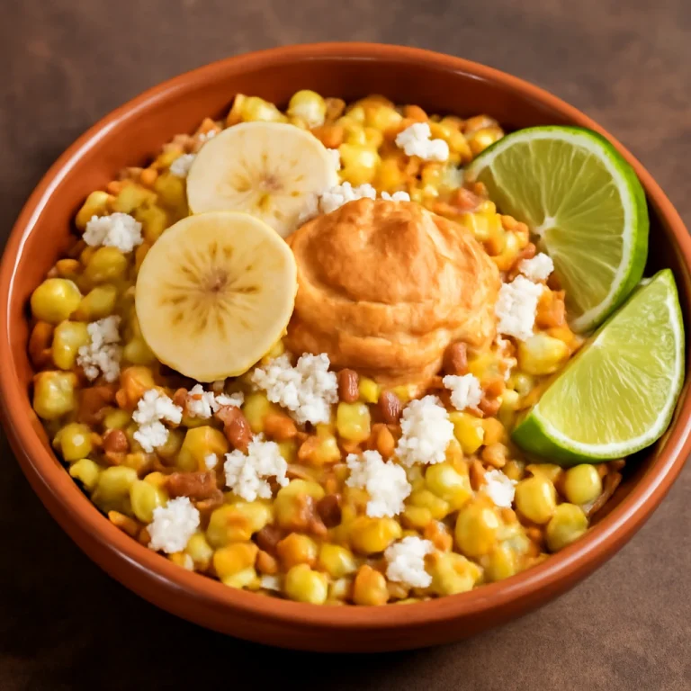 Tamalito banánnal tálalva, feta sajttal és lime szeletekkel