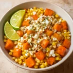 Tamalito édesburgonyával tálalva, feta sajttal és lime szeletekkel
