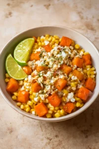 Friss mexikói kukorica édesburgonyával, tejföllel és feta sajttal