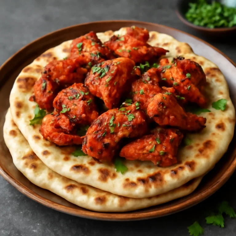 Tandoori csirke naan frissen tálalva, gazdag fűszerekkel és friss korianderrel