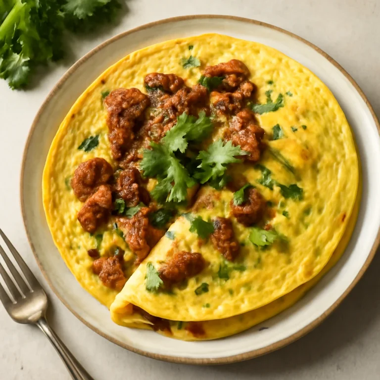 Tandoori csirke omlett tálalva, friss korianderrel díszítve