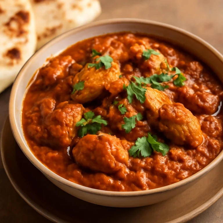 Tandoori csirke pörkölt tálalva korianderrel és naan kenyérrel