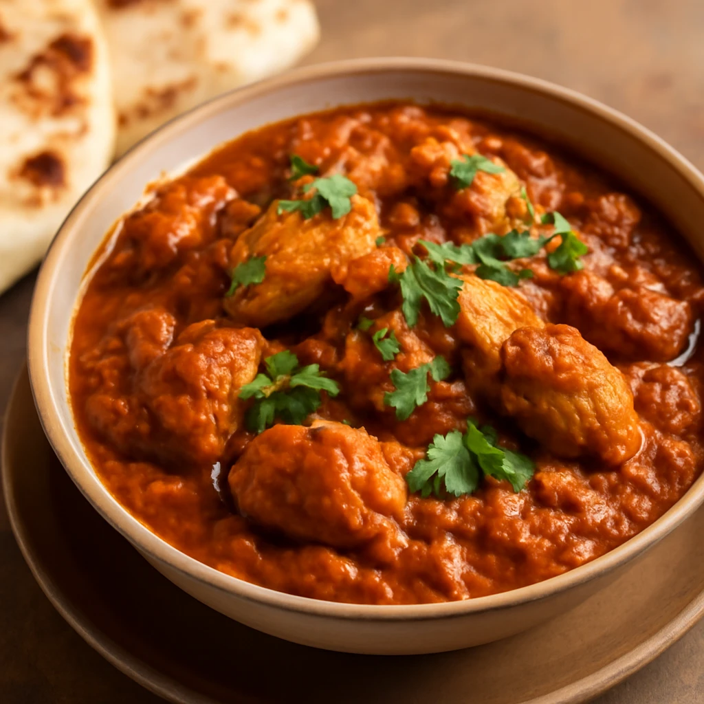 Gazdag tandoori csirke pörkölt friss korianderrel