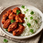 Tandoori csirke tálalva basmati rizzsel, friss korianderrel díszítve
