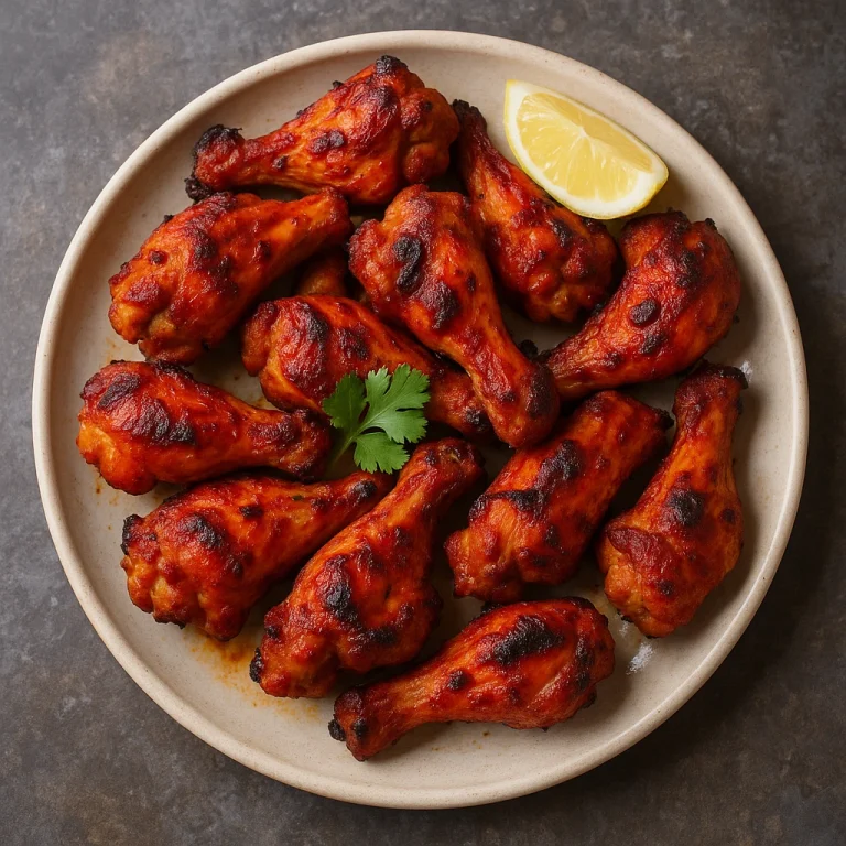 Tandoori csirke szárnyak fűszeres, pirosas mázzal bevonva, sütve, tálalva