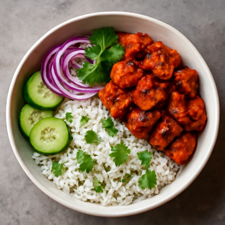 Tandoori csirke tál basmati rizzsel, uborkával és korianderrel díszítve