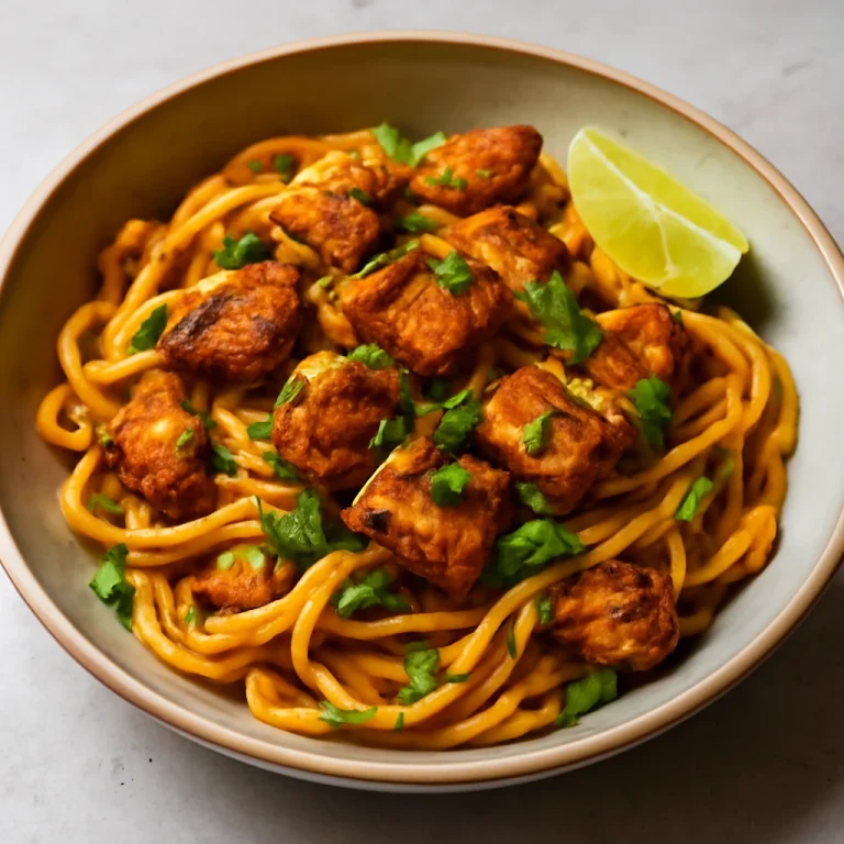 Tandoori csirke tészta friss korianderrel és lime levével tálalva