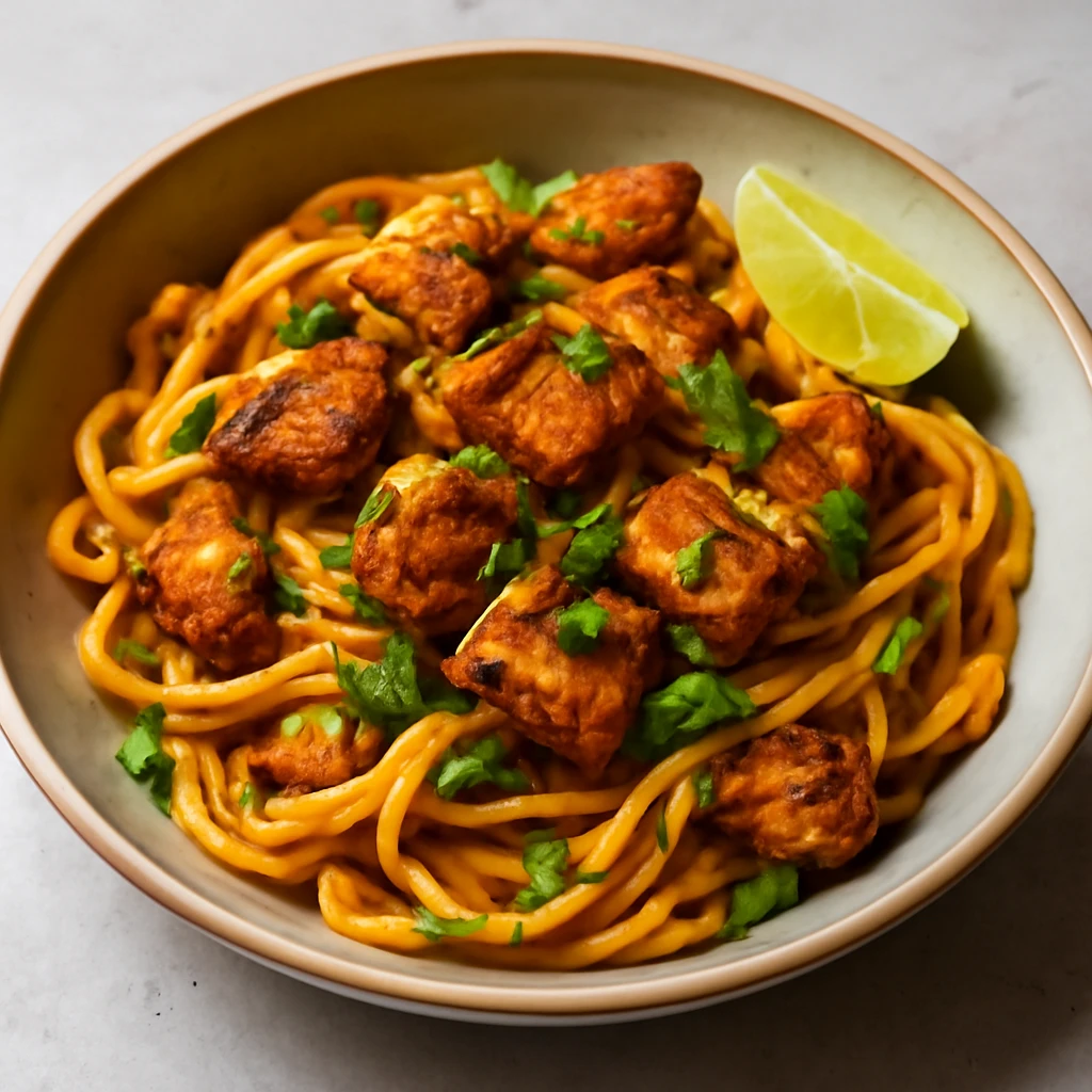 Fűszeres tészta, tandoori csirke és friss koriander