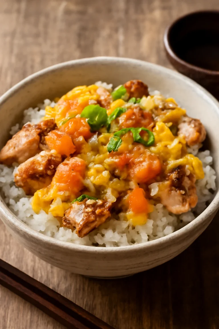 Tarako tőkehal ikra töltelékű Oyakodon frissen tálalva