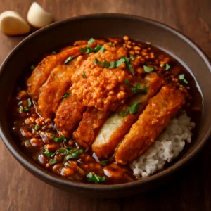 Finom japán katsudon, tőkehal ikrával töltve
