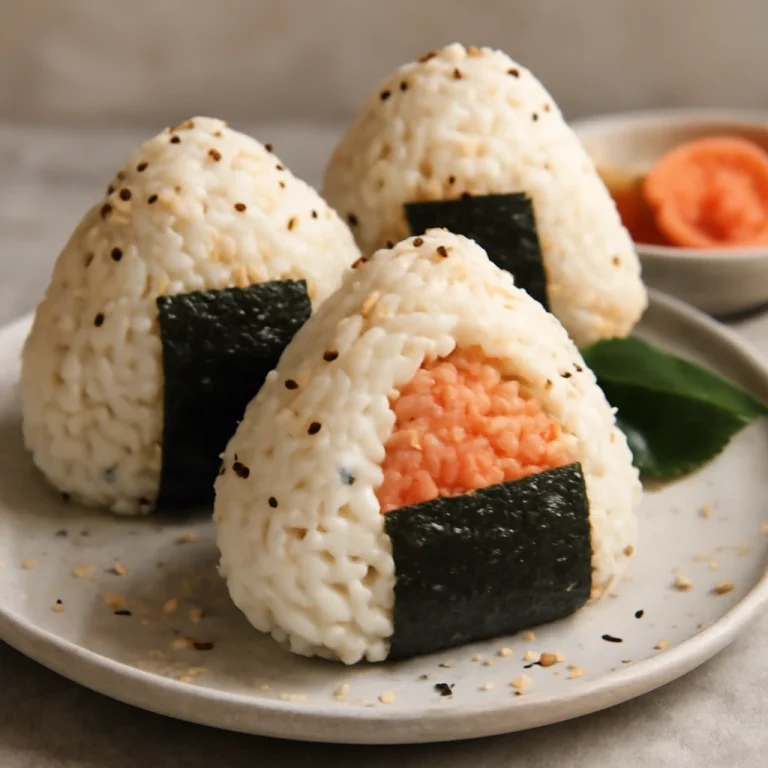 Tarako tőkehal ikra töltelékű onigiri, nori alga lapokkal és szezámmaggal