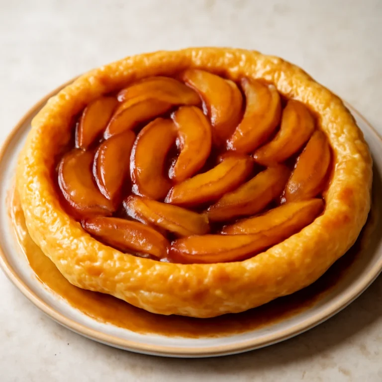 Tarte Tatin almával, frissen tálalva karamellizált almával és leveles tésztával