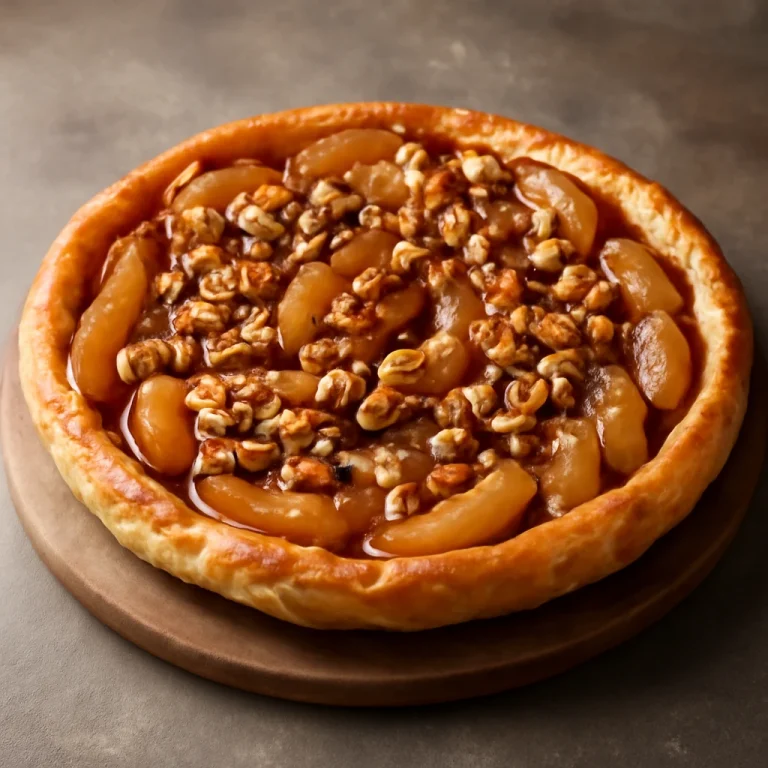 Tarte Tatin dióval, karamellizált alma és dióval tálalva