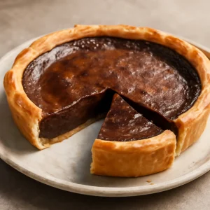 Francia tarte de nata csokoládéval tálalva