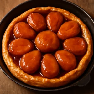 Francia Tarte Tatin, karamellel és sült almákkal tálalva