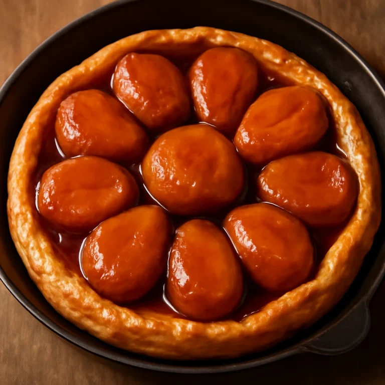 Tarte Tatin karamellel, friss sült almákkal, karamellizált cukorral és ropogós leveles tésztával
