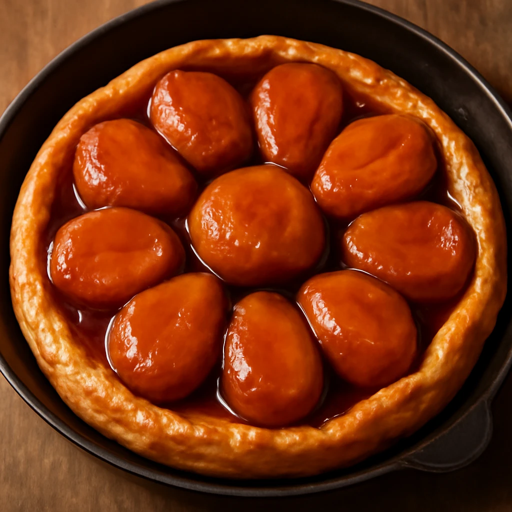 Francia Tarte Tatin, karamellel és sült almákkal tálalva