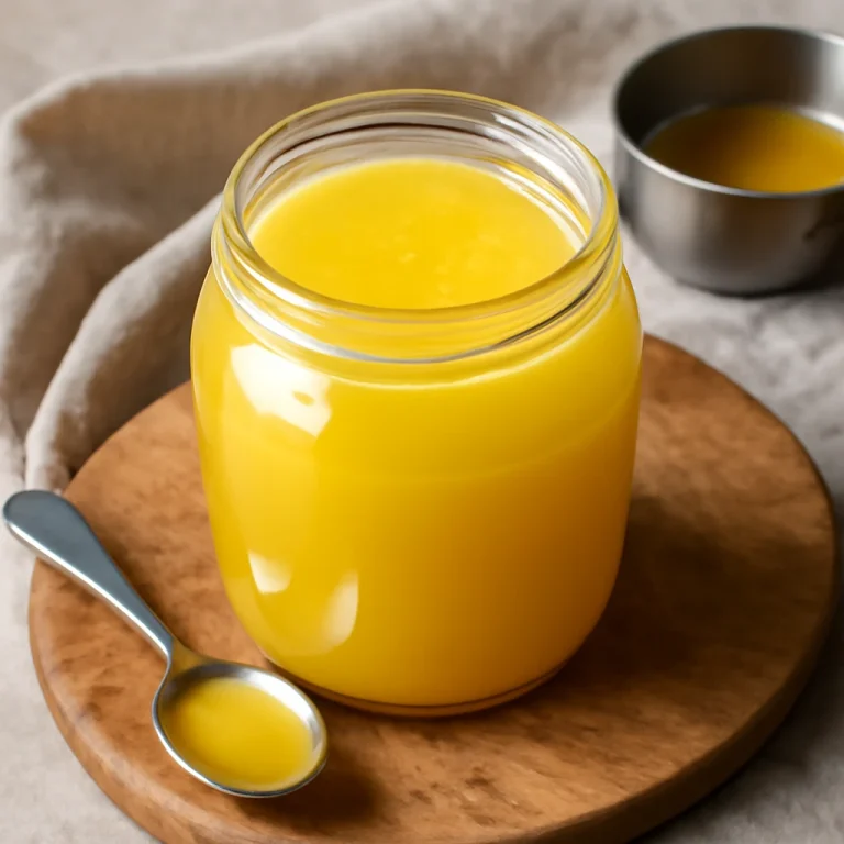 Frissen készült tehéntej alapú ghee, tiszta, aranyszínű folyadék egy üvegedényben