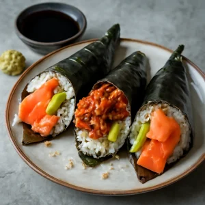 Friss temaki kimchivel, lazaccal és szezámmaggal